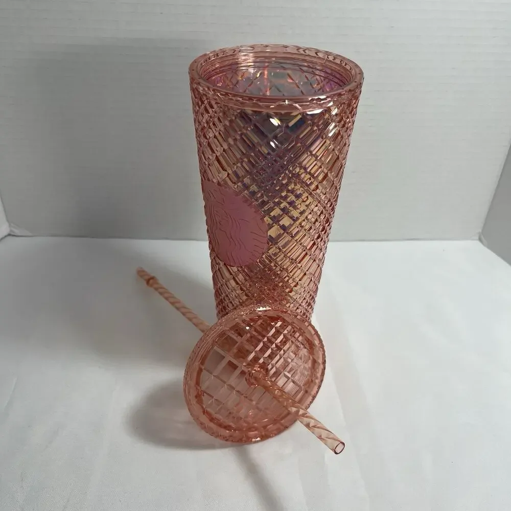 NWTStarbucks Holiday 2021 Iridescent Rose Gold Jewel Cold Cup Tumbler 24oz Venti